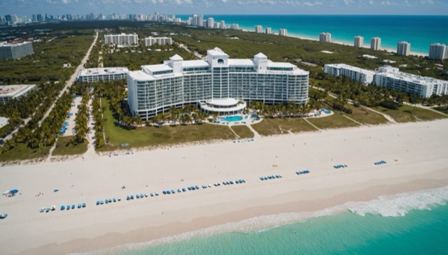 Aerial view of a large resort on a sandy beach near the ocean