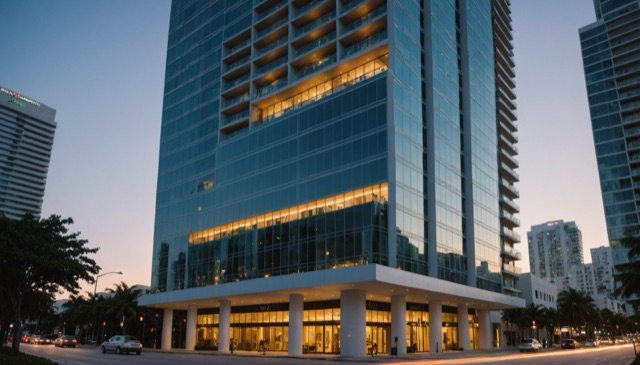 A tall modern building with illuminated windows at dusk, surrounded by other structures and palm trees.