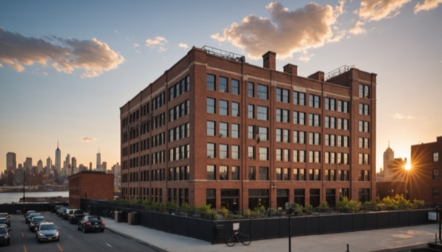 A large brick building with many windows stands beside a street with cars and bicycles.