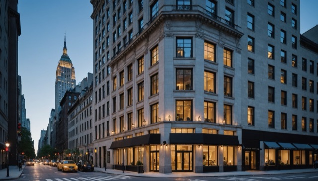 A tall building with illuminated windows stands on a city street at dusk