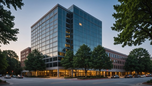 A modern office building with reflective glass windows surrounded by trees