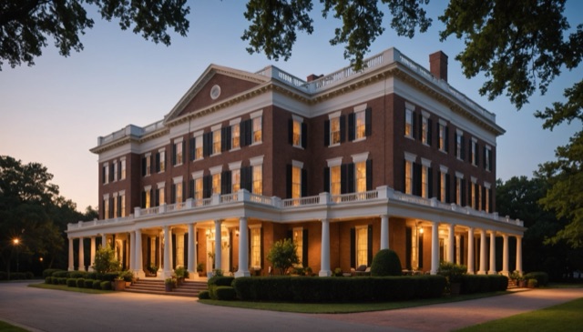 A large brick mansion with white columns and balconies surrounded by trees and well-manicured shrubs
