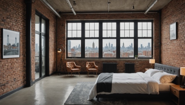 A modern bedroom with exposed brick walls, large windows showing a city skyline, a bed, chairs, and lamps.