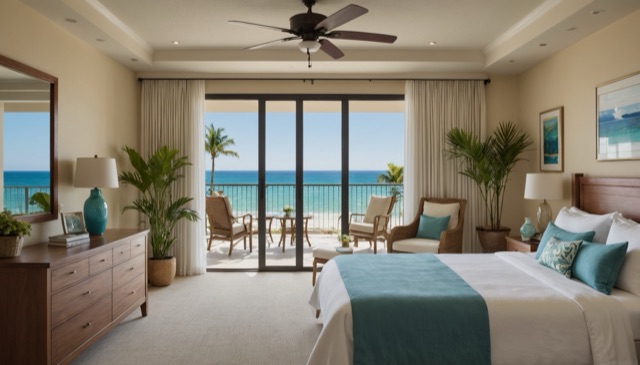 A spacious hotel suite with ocean views, a large bed, and a balcony