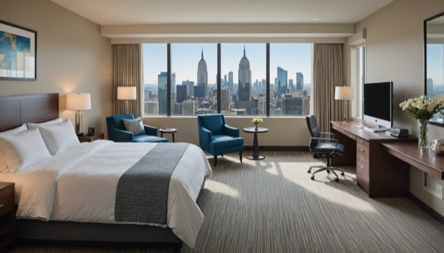 Hotel room with a large bed, city skyline view, chairs, desk and flowers