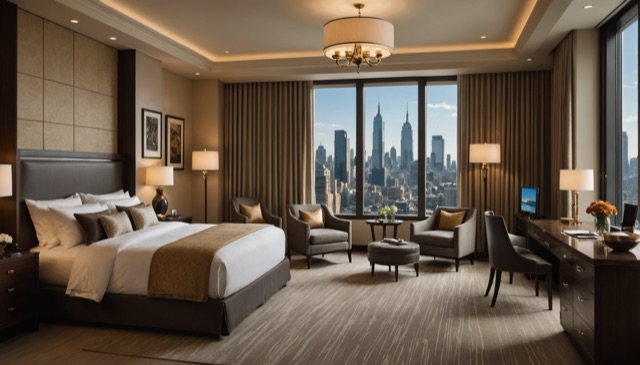 A well-furnished hotel room with a large bed, city skyline view, and seating area